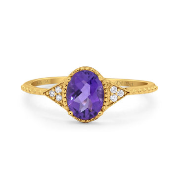 14K Yellow Gold 1.26ct Oval Art Deco 8mmx6mm G SI Natural Amethyst Diamond Engagement Wedding Ring Size 6.5